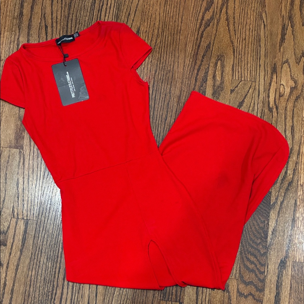 Red Maxi Body con dress with Thigh Slit